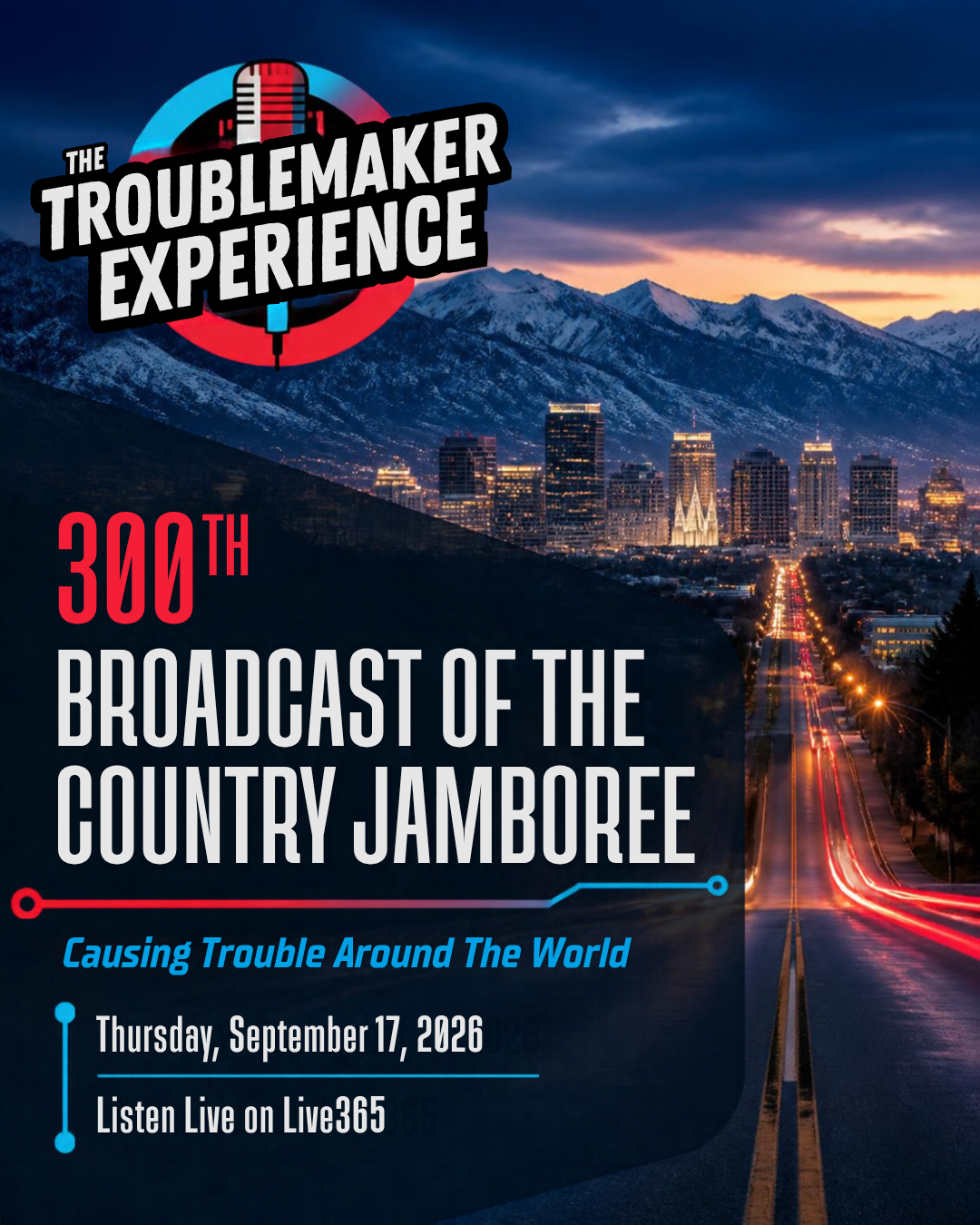 The Country Jamboree 300th broadcast celebration poster featuring the station logo above Utah’s mountains and city skyline.